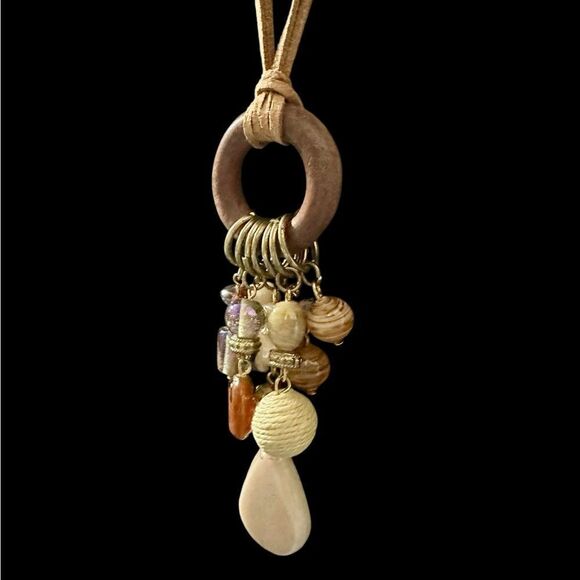 Natural Elements Glass Stone Metal Beads Wood Pendant Cluster Statement Necklace - Picture 1 of 7